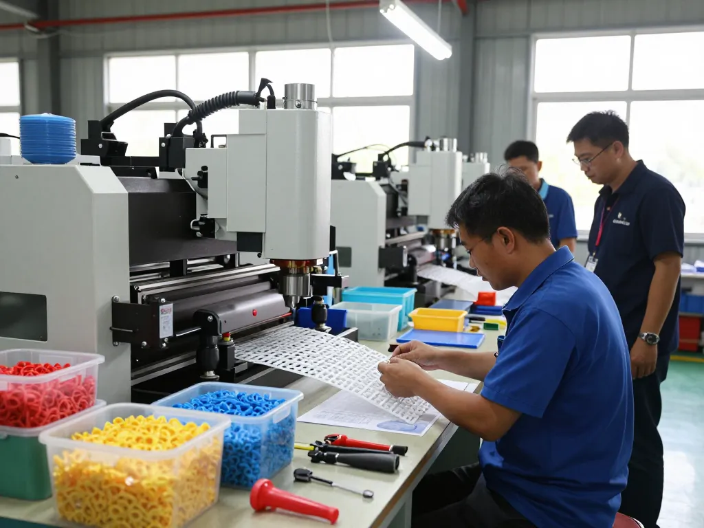 Skilled workers engaged in bóc ép plastic đan phượng manufacturing in a vibrant industrial facility, showcasing teamwork and craftsmanship.