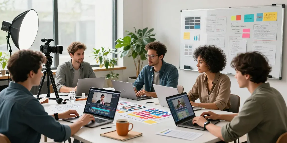 Team collaborating on affordable AI video generation service in a creative studio.