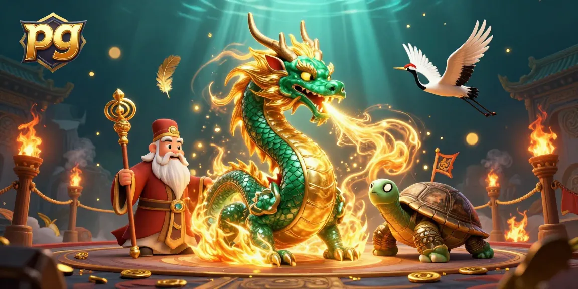 Engage in vibrant pg-themed gaming with a jade dragon, lucky cranes, and atmospheric effects.