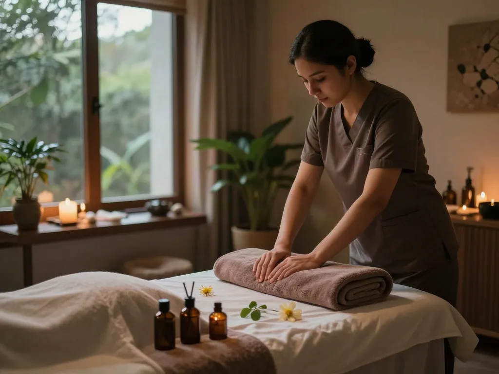 운서출장마사지 session setup in a luxurious, tranquil spa environment.