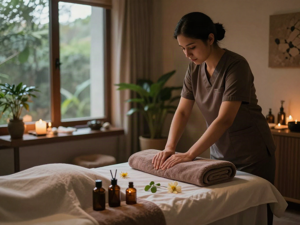 운서출장마사지 session setup in a luxurious, tranquil spa environment.