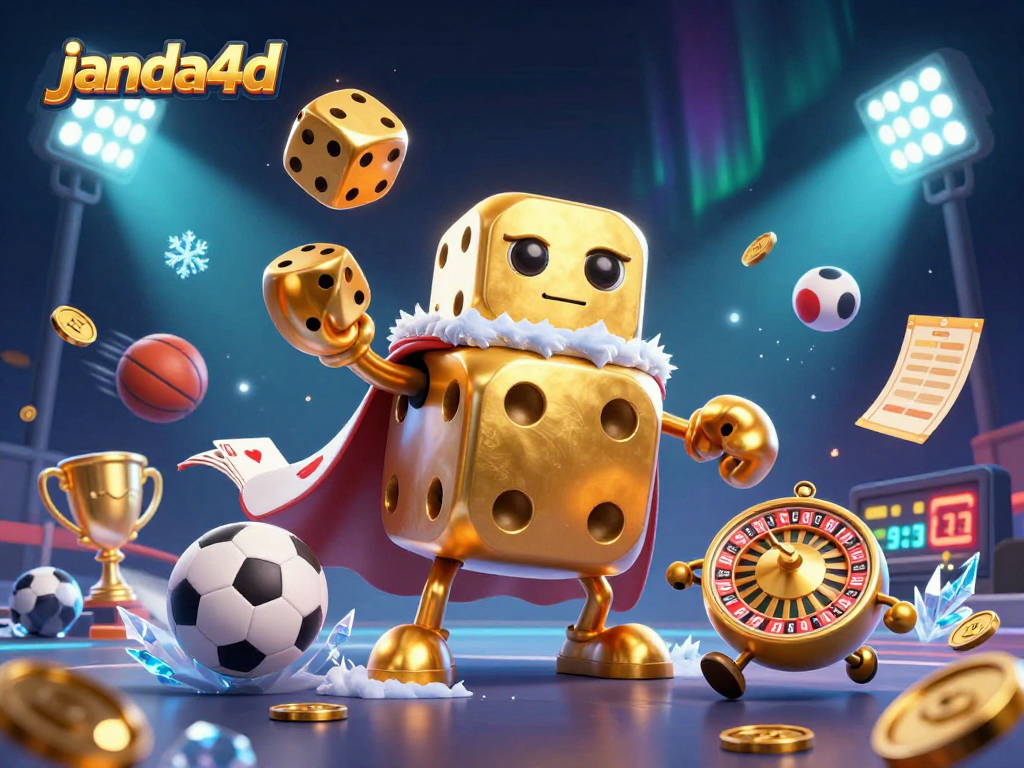Engage in thrilling sports betting with janda4d's vibrant 3D illustration of golden dice and dynamic sports elements.
