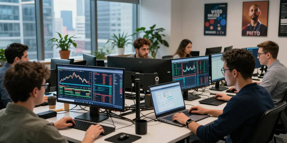 Traders at XXKK Crypto Exchange analyzing market data in a modern trading office.