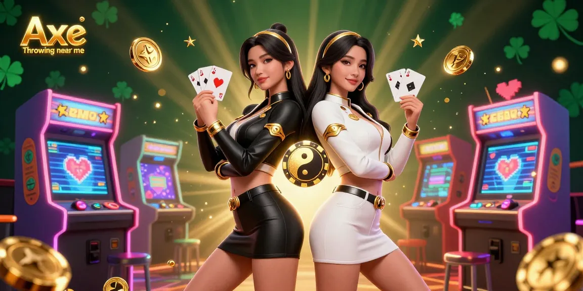 Axe Throwing near me scene showcasing twin Asian women in a dynamic casino environment with playing cards and game machines.