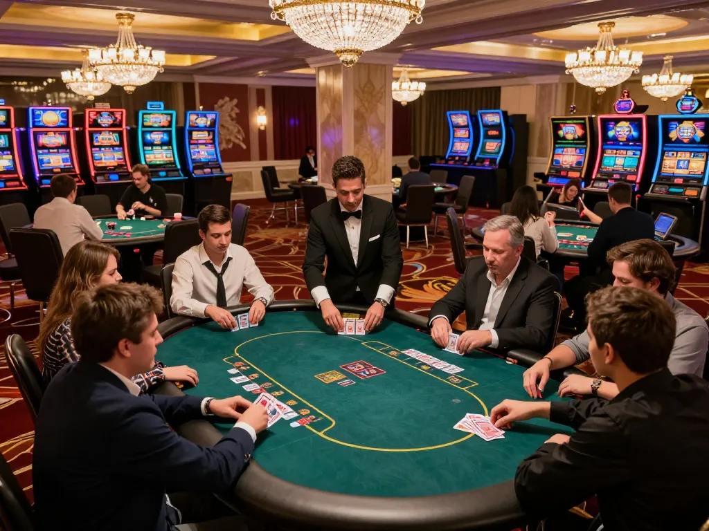 Players strategizing and placing bets at a 58win poker table in a luxurious casino setting.