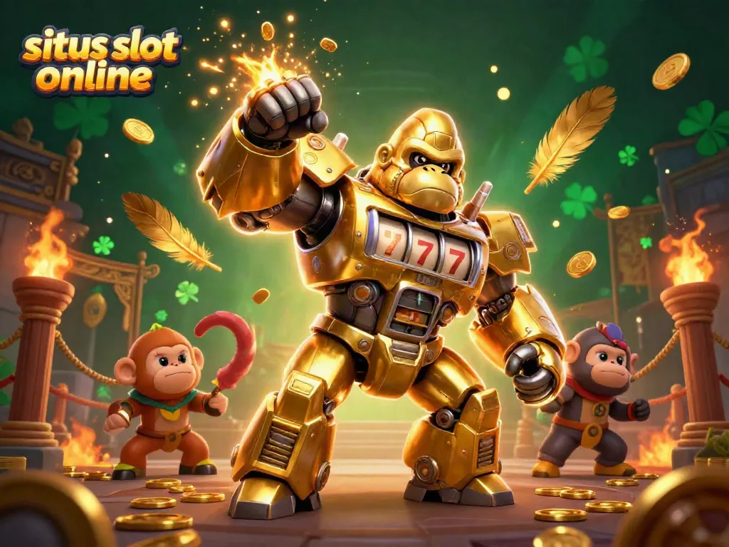 Menang di situs slot online dengan mech gorila emas bertema mesin slot yang beraksi.