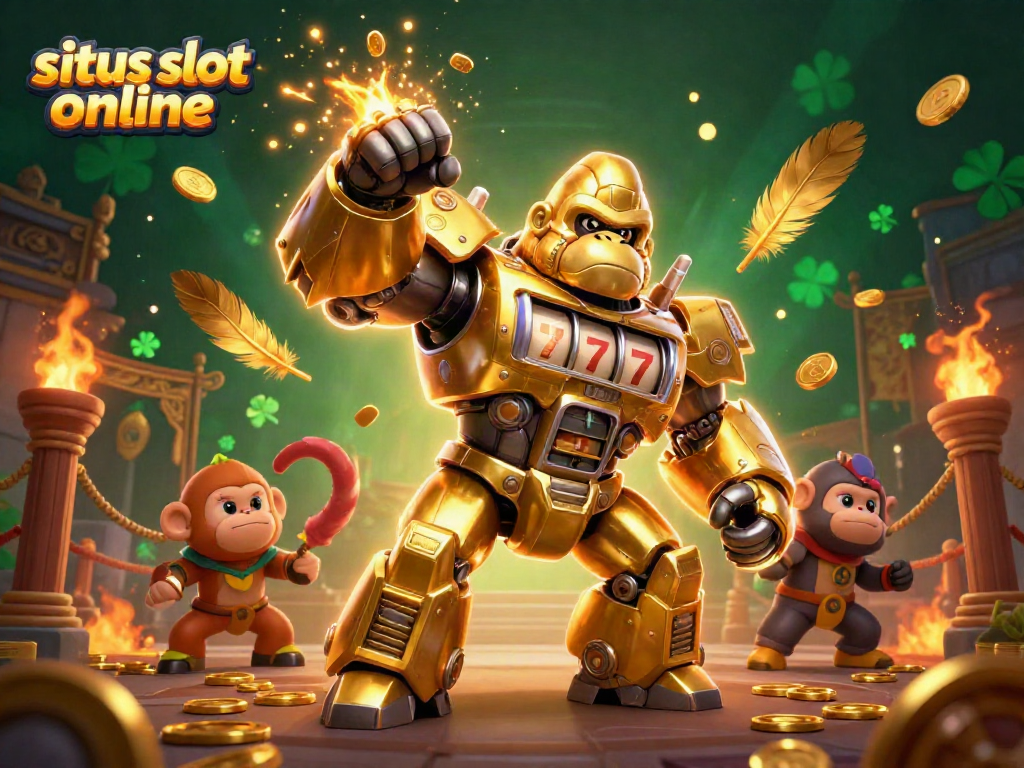 Menang di situs slot online dengan mech gorila emas bertema mesin slot yang beraksi.