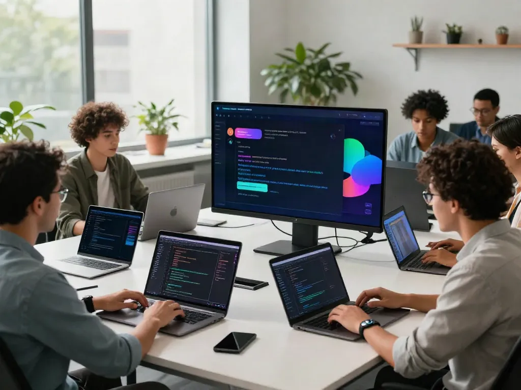 Collaboration in a high-tech workspace for an unfiltered AI chat platform development.