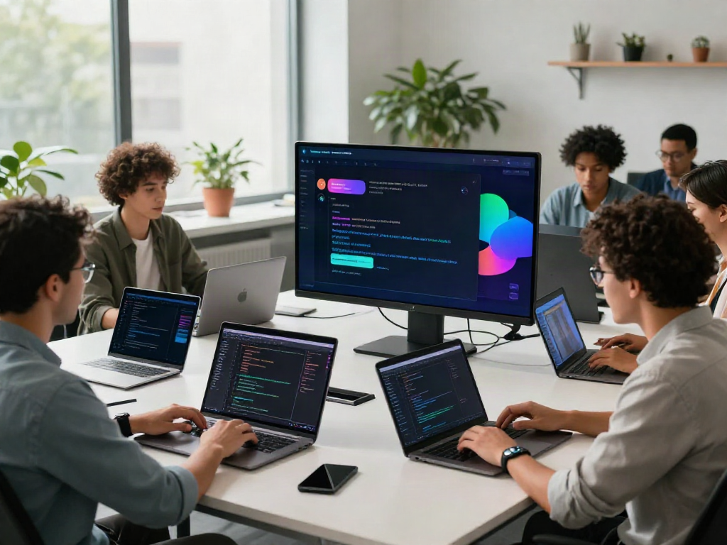 Collaboration in a high-tech workspace for an unfiltered AI chat platform development.