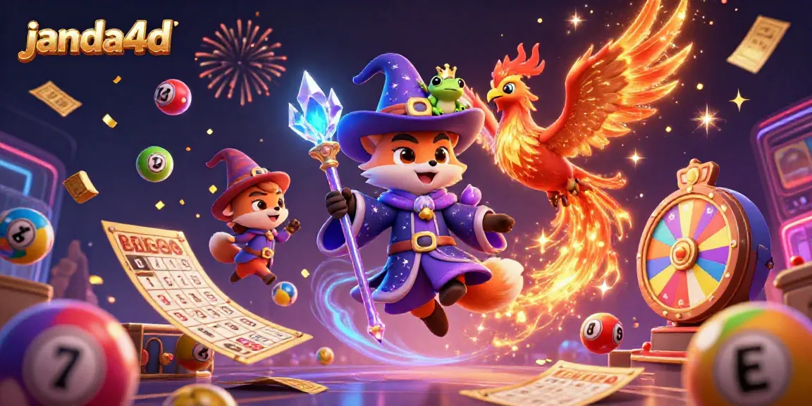 Permainan menarik janda4d yang menampilkan wizard kartun dan elemen lotere di balik latar yang futuristik.