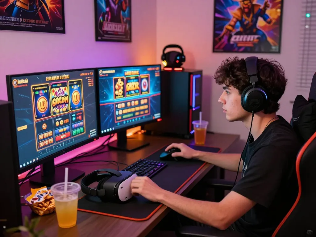 Engaged gamer enjoying slot gacor games at a vibrant gaming setup with dual monitors and ambient lighting.