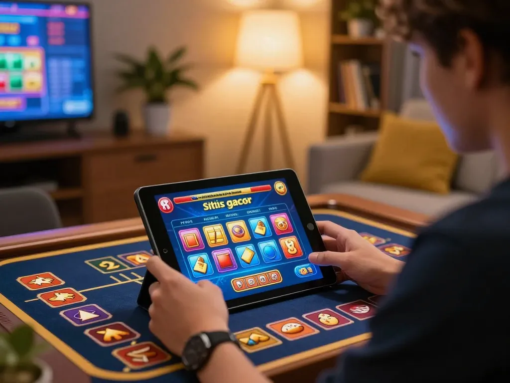 Engaging in situs slot gacor gameplay on a tablet in a cozy home environment