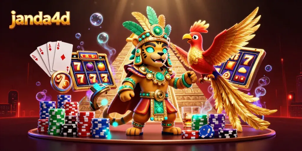 Slot online janda4d dengan tema jaguar Maya dan burung quetzal, penuh simbol keberuntungan.