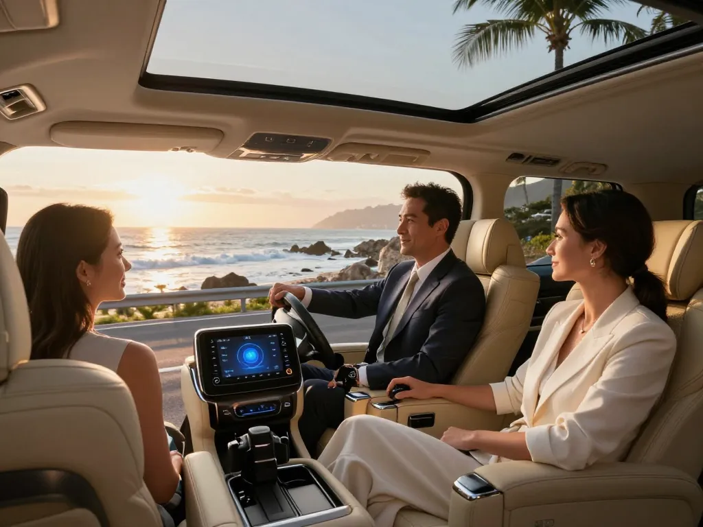 Trải nghiệm sự sang trọng của cho thuê xe Alphard với một cặp đôi tận hưởng chuyến đi xa hoa dọc theo con đường ven biển.