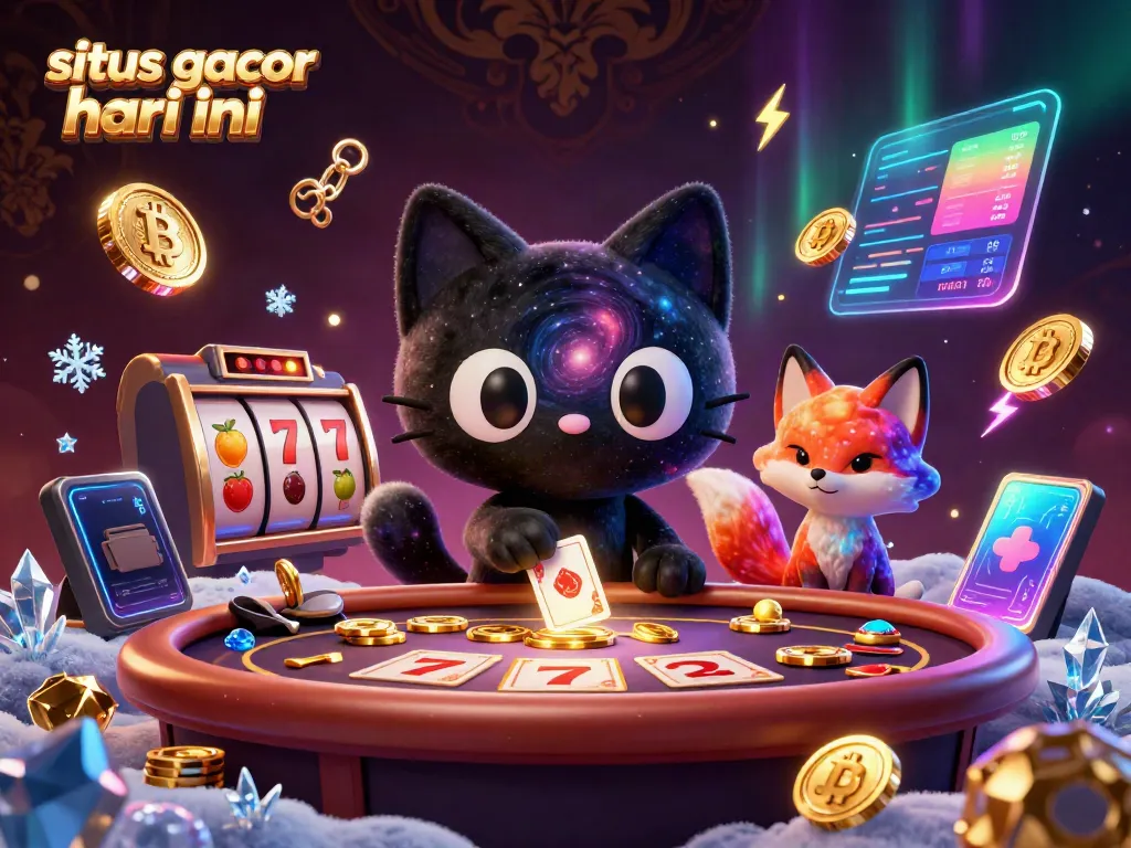 Gambar situs gacor hari ini menampilkan kucing lubang hitam dan rubah nebulosa di meja kasino virtual.