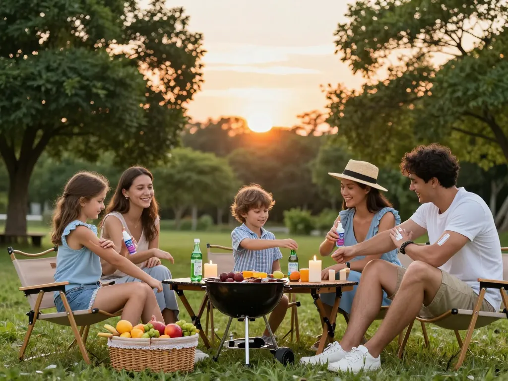 Family enjoying a summer picnic while applying the Best Mosquito Repellent to stay protected from bugs.