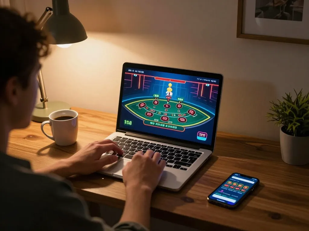 Engaging online betting session with debet displayed on a laptop, showcasing live casino gameplay