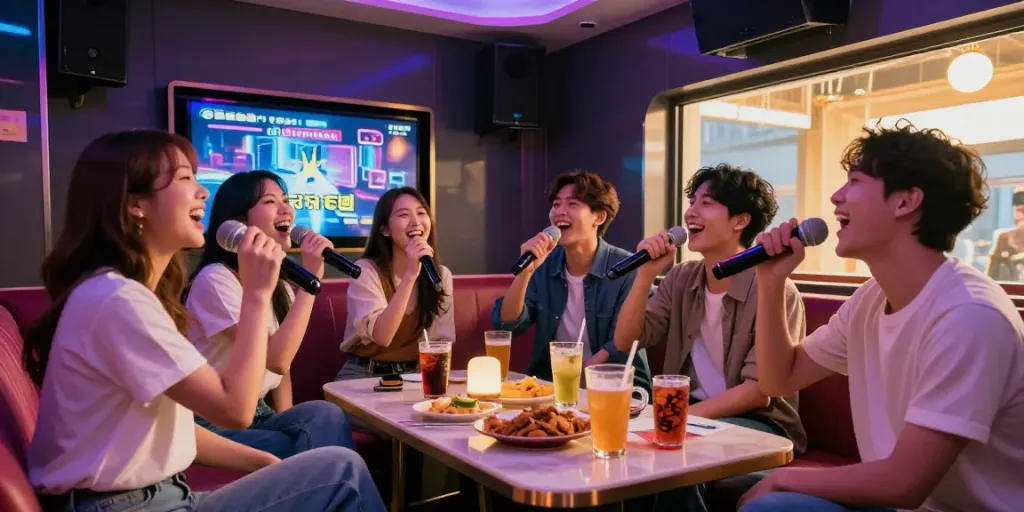 도파민 가라오케에서 친구들과 즐겁게 노래 부르는 모습, 화려한 조명과 편안한 분위기