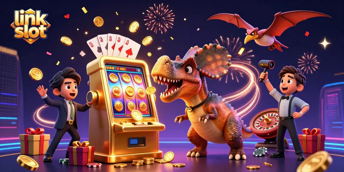 Watch a pachycephalosaurus hit the jackpot on a golden slot machine in this vibrant link slot illustration.