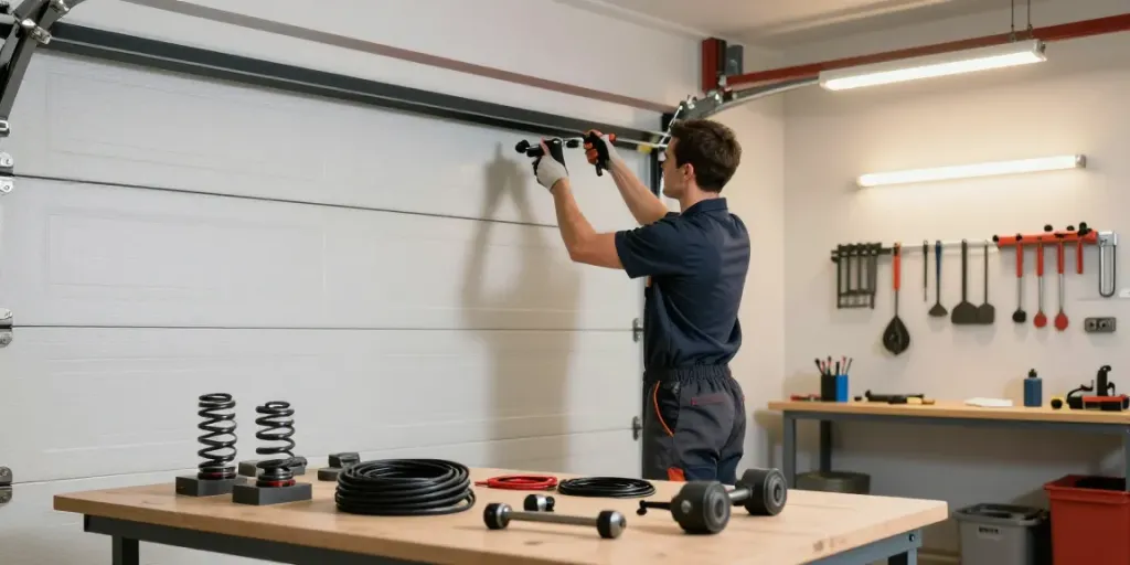 Expert sectional garage door repair in a well-lit garage with tools and technician.