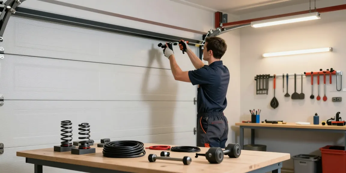 Expert sectional garage door repair in a well-lit garage with tools and technician.