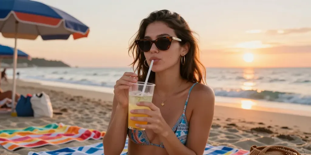 Mulher estilosa usando óculos de sol enquanto relaxa na praia ao pôr do sol.