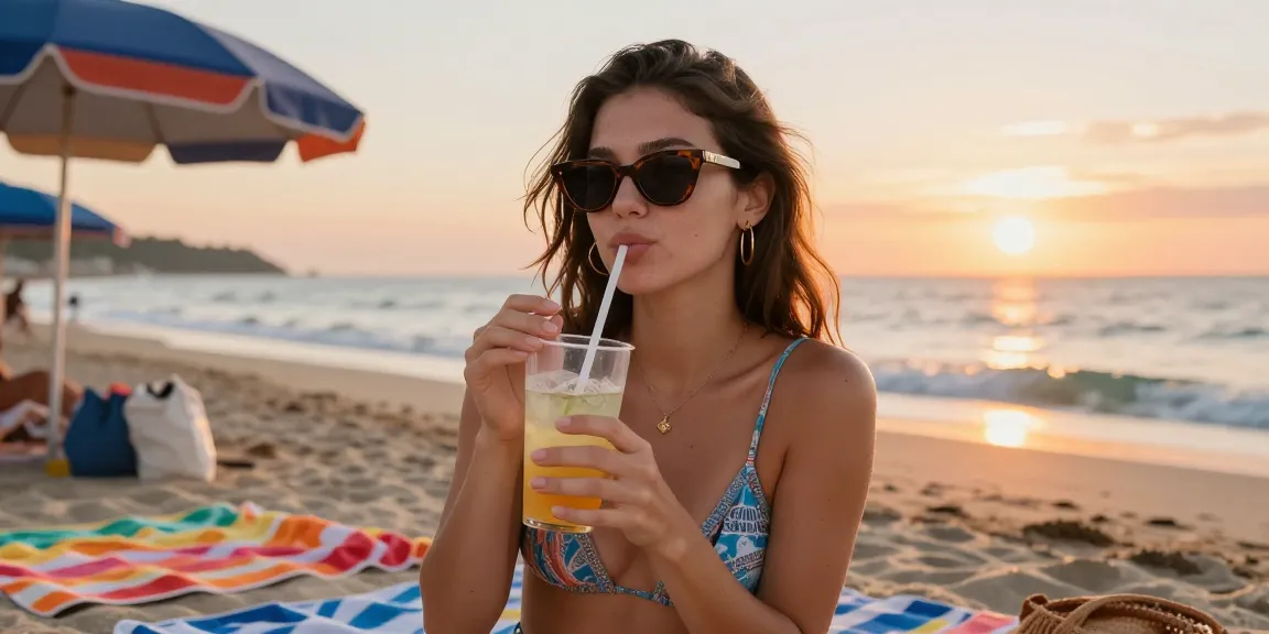 Mulher estilosa usando óculos de sol enquanto relaxa na praia ao pôr do sol.