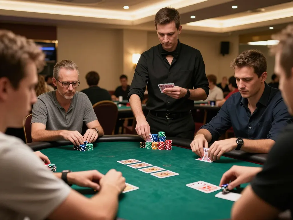 Engaged players at a TG88 poker game strategizing over cards and chips in a lively casino environment.