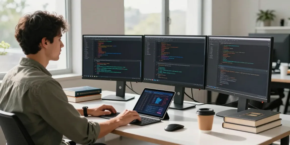 Developer using 截图工具 in a modern workspace with dual monitors and design software.