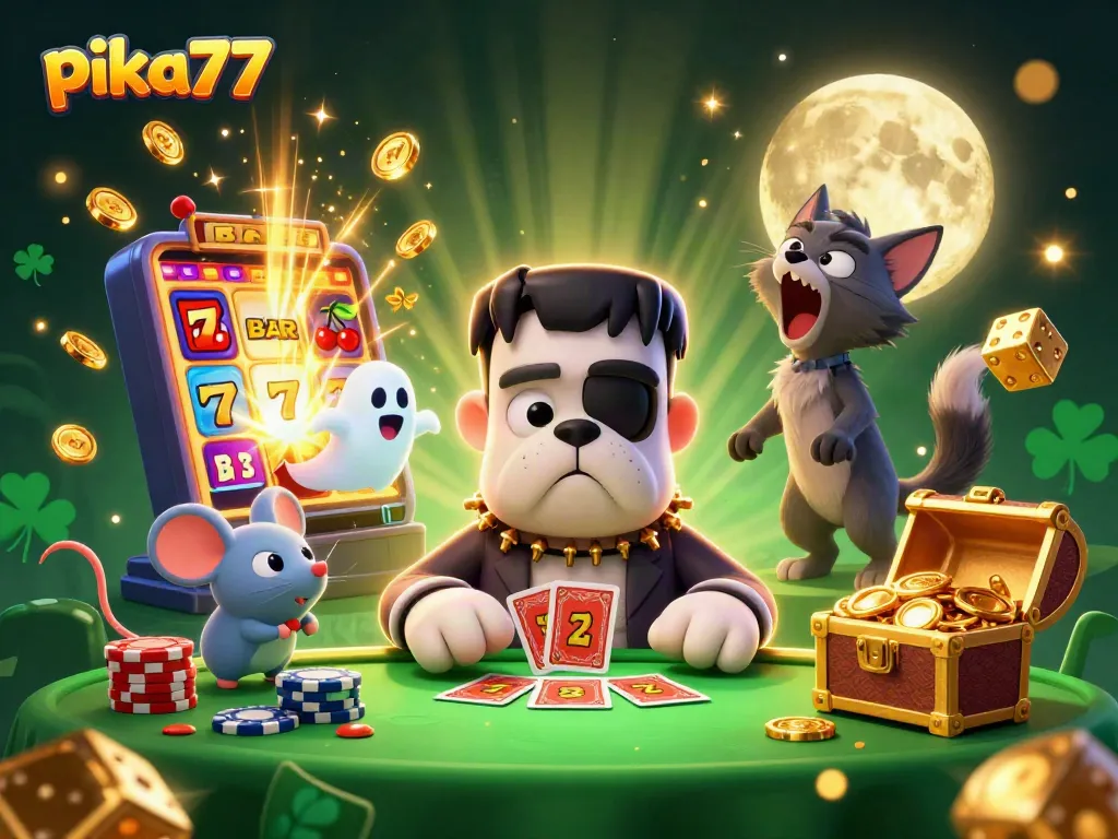 Engage with pika77 at the casino, where a monster deals cards in a vibrant, dynamic atmosphere.