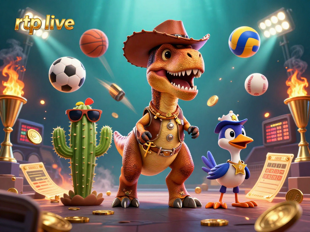 Engage with rtp live gaming in a vibrant 3D cartoon scene featuring a cowboy dinosaur, cactus, and roadrunner.