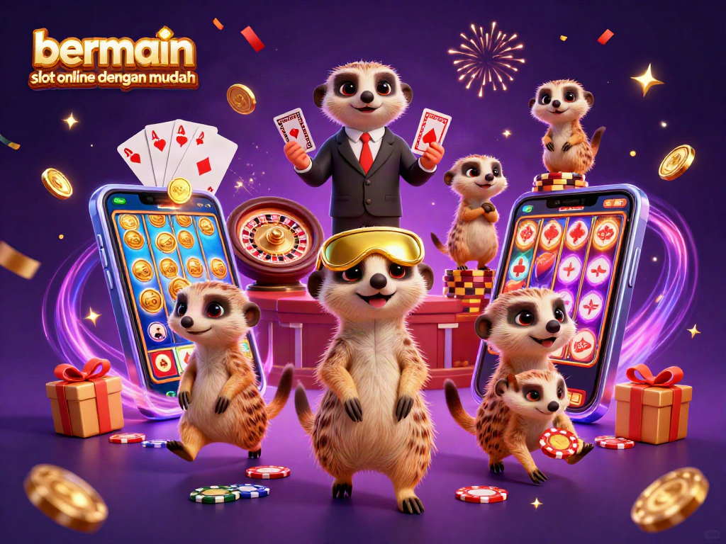 Bermain slot online dengan mudah disajikan dalam ilustrasi kartun 3D, menunjukkan mekanika kasino yang menyenangkan.