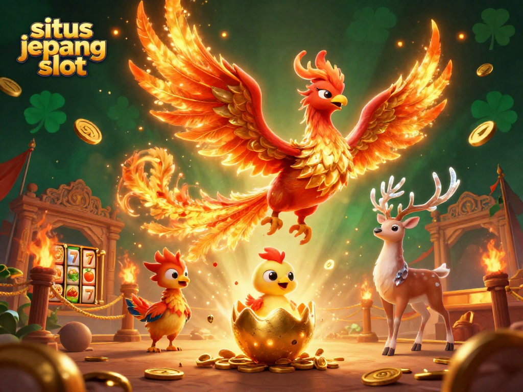 Sparkling moment at situs jepang slot with a phoenix and baby chick in an immersive gaming scene.