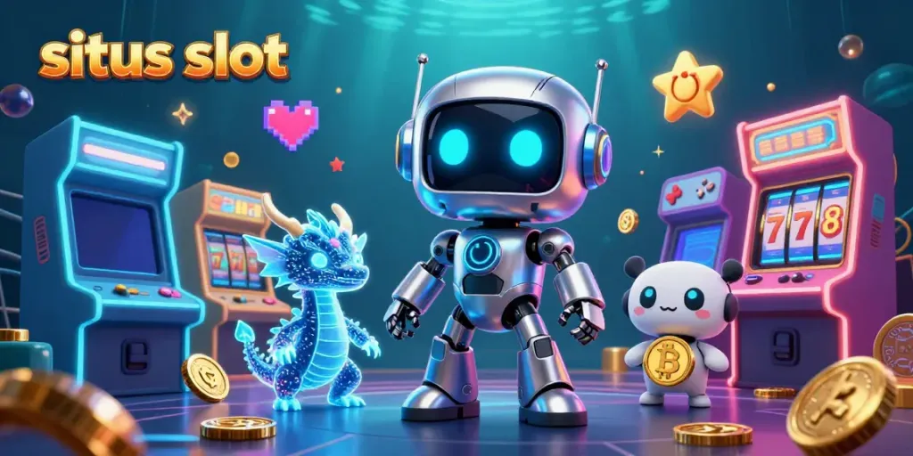Permainan slot menarik dalam ilustrasi 3D dengan robot dan naga AI, simbol bitcoin, dan mesin arcade.
