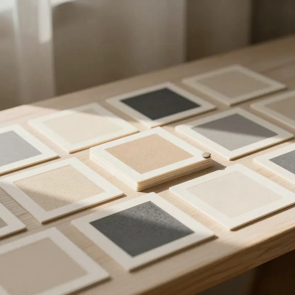 Top-down macro of square social cards, neutral swatches and frame samples on a pale wood bench.
