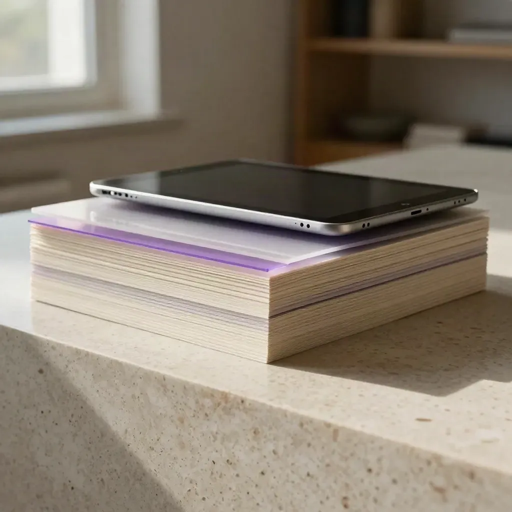 Cream page blocks, acetate layers, and a dark tablet on travertine in dramatic light.