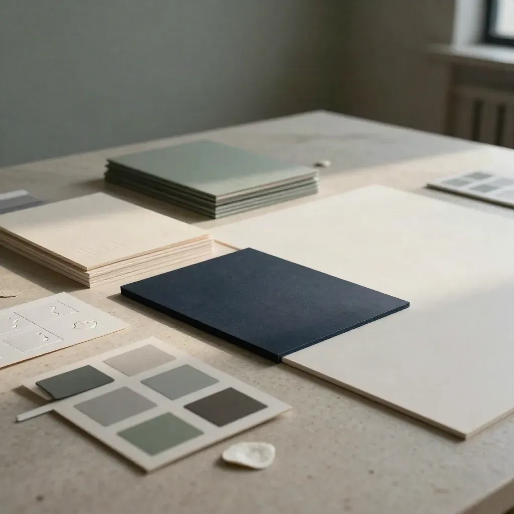 Paper brand boards and sample cards on limestone floor in moody light.