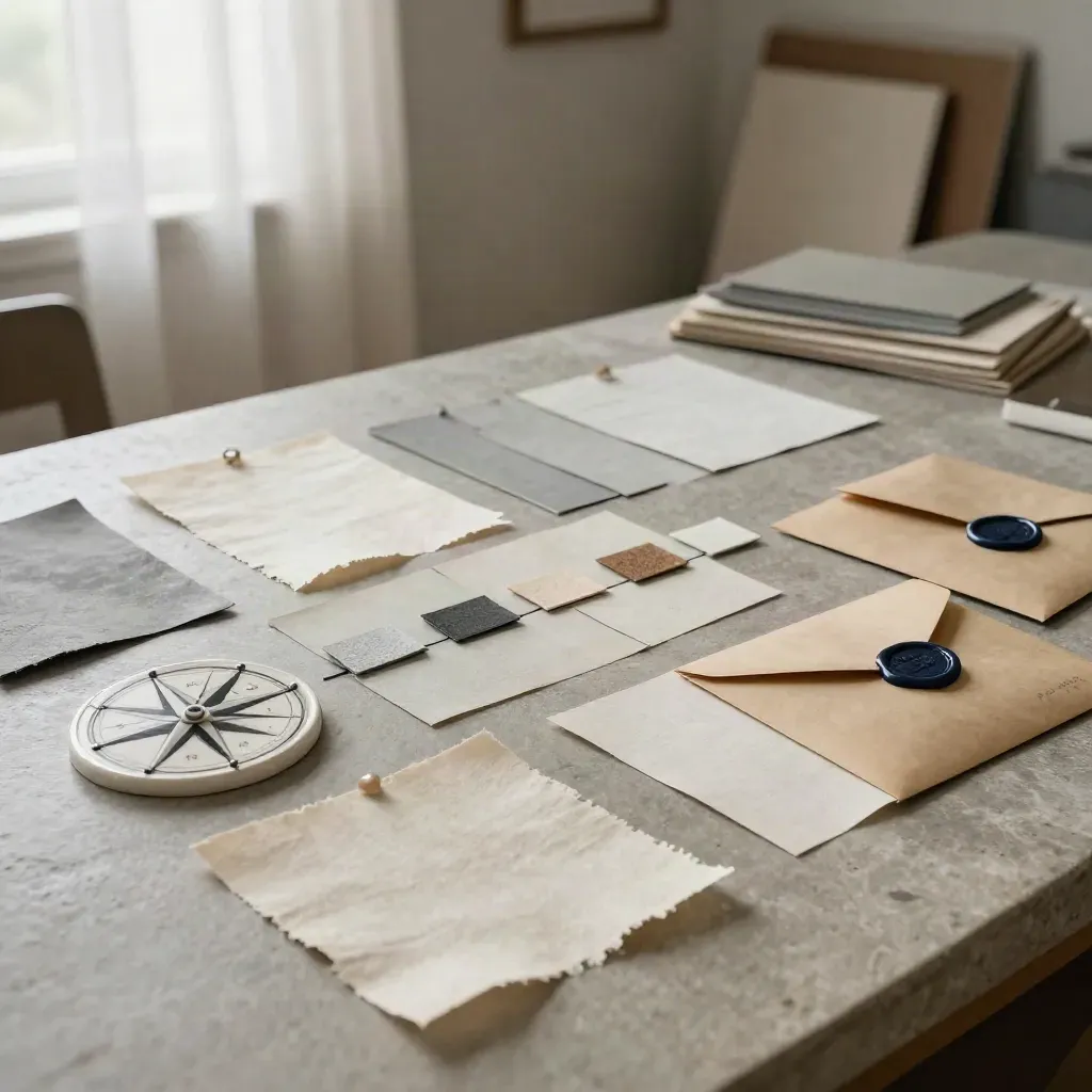 Stone worktop with swatches, compass-rose tile and sealed envelope in airy editorial light.