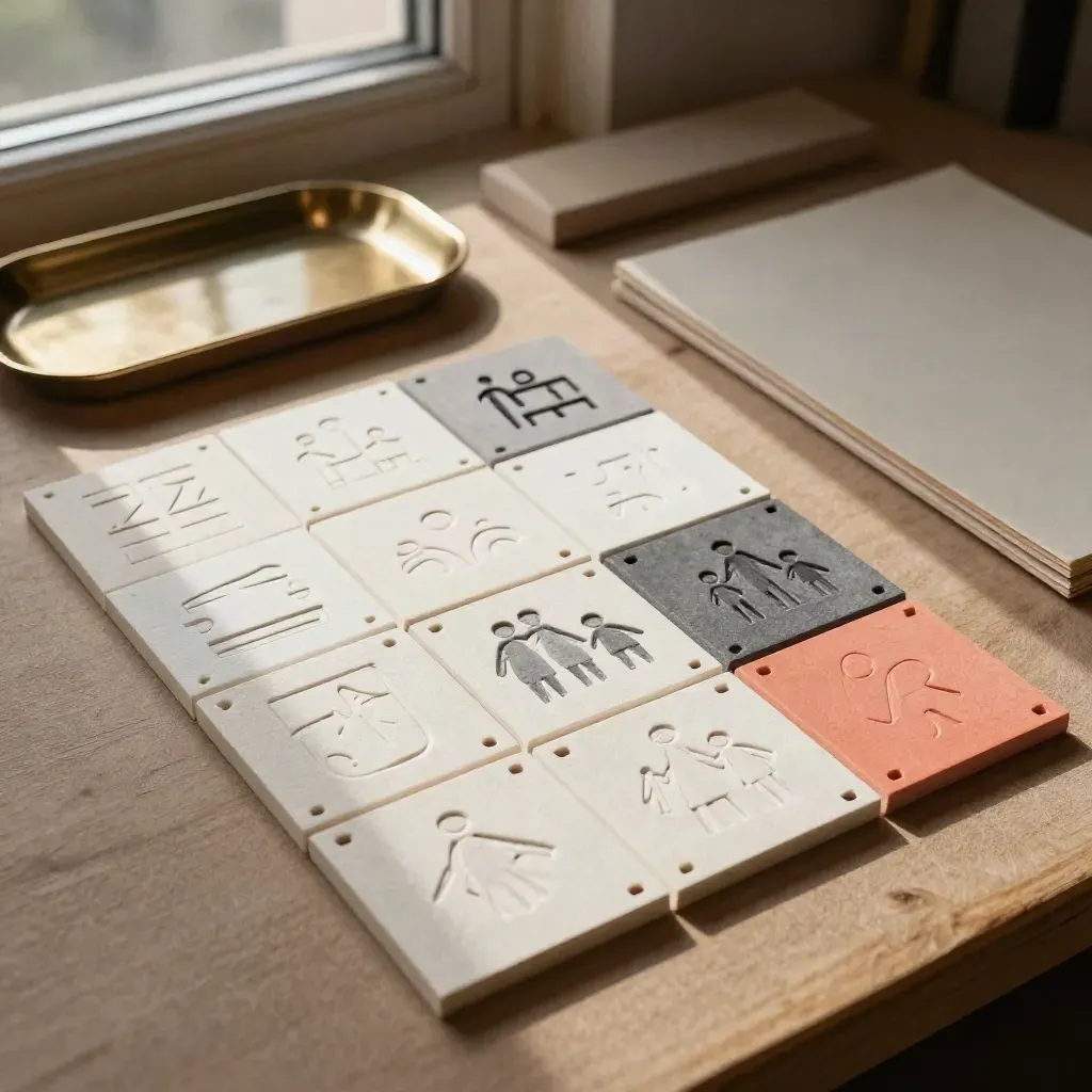 Logo system tiles and embossed identity samples on a warm studio surface.