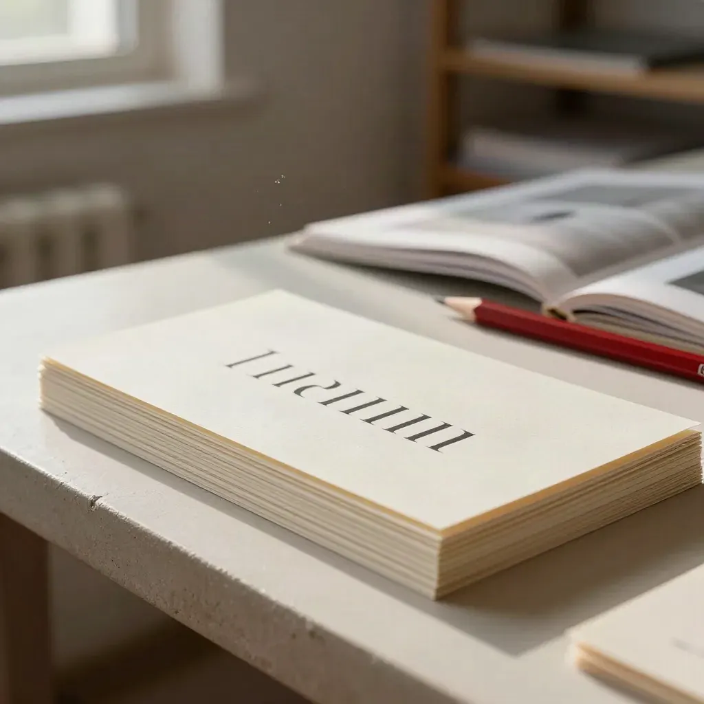 Cream editorial cards and red pencil on a plaster ledge in a design studio.