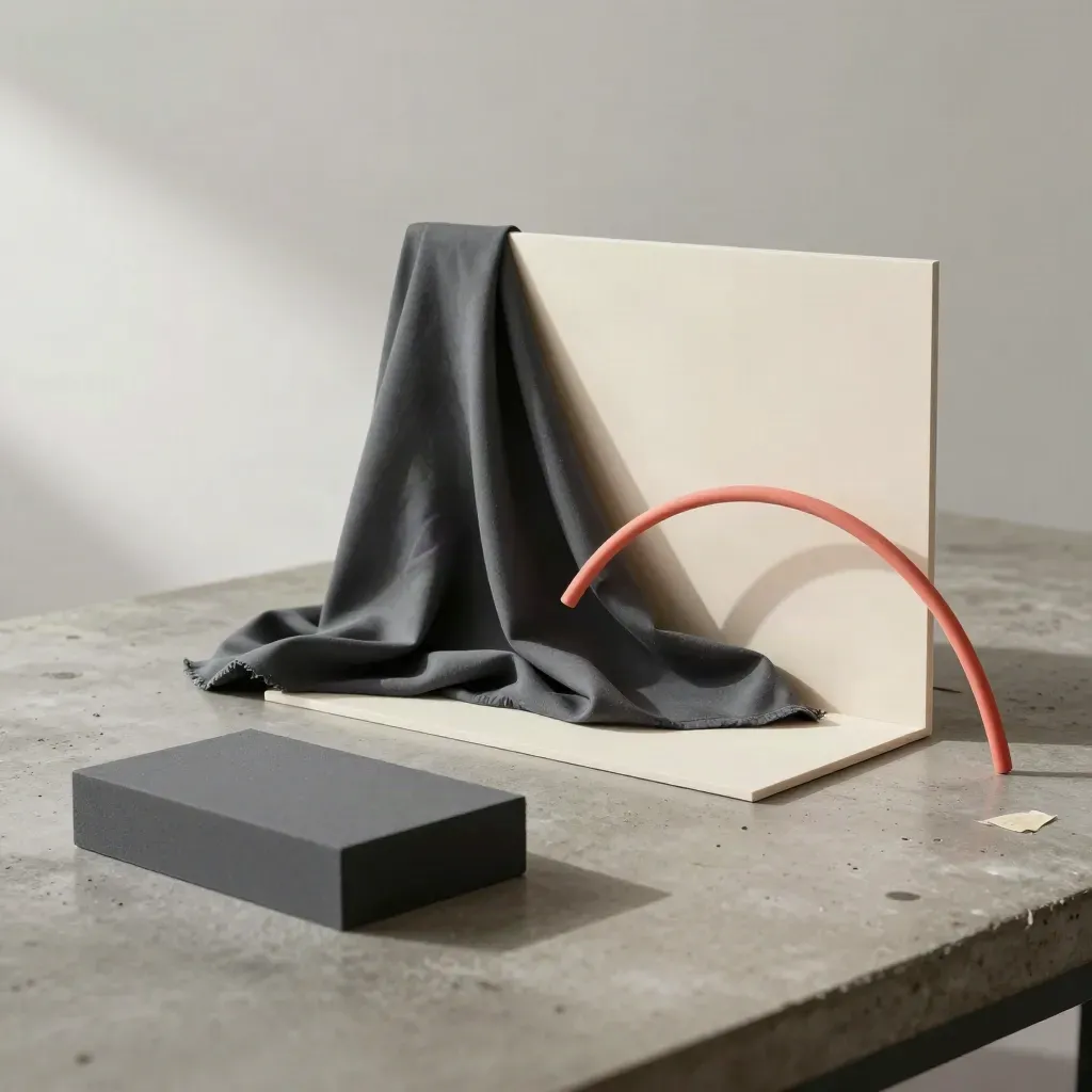 Mini campaign set pieces with coral arc, foam plinths, and a just-set backdrop in studio haze.