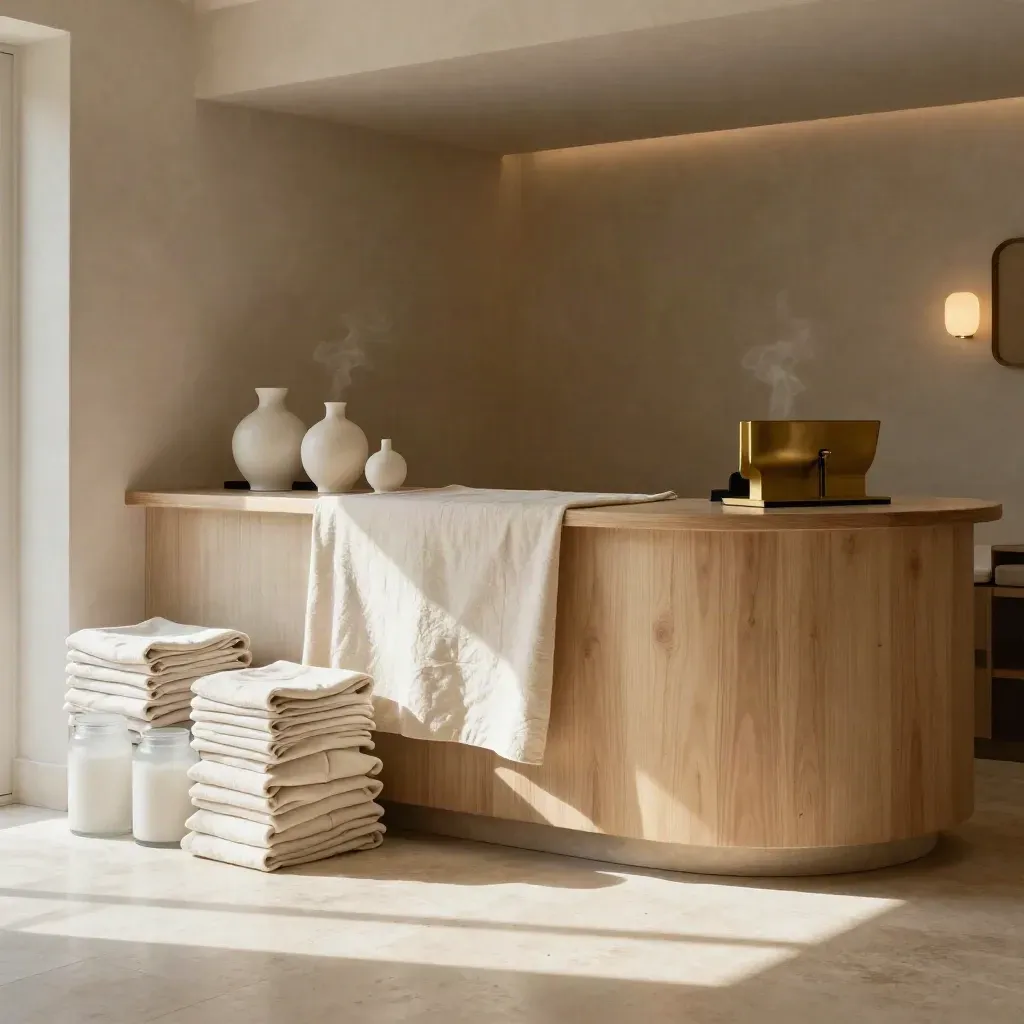 Skincare reception corner with linens, jars, steam, and a glowing booking nook in warm daylight.