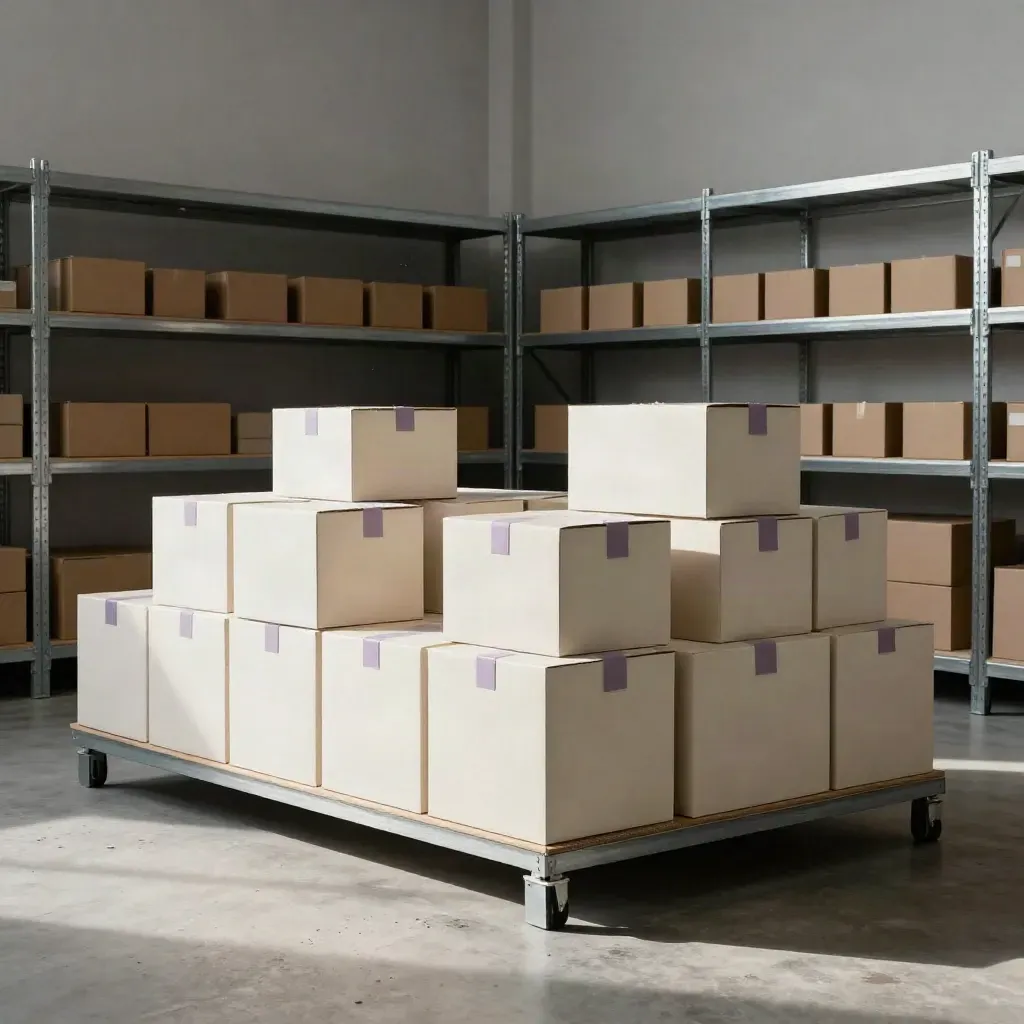Empty pedestal shelves with a few boxed units and shipping cartons in a dusty warehouse glow