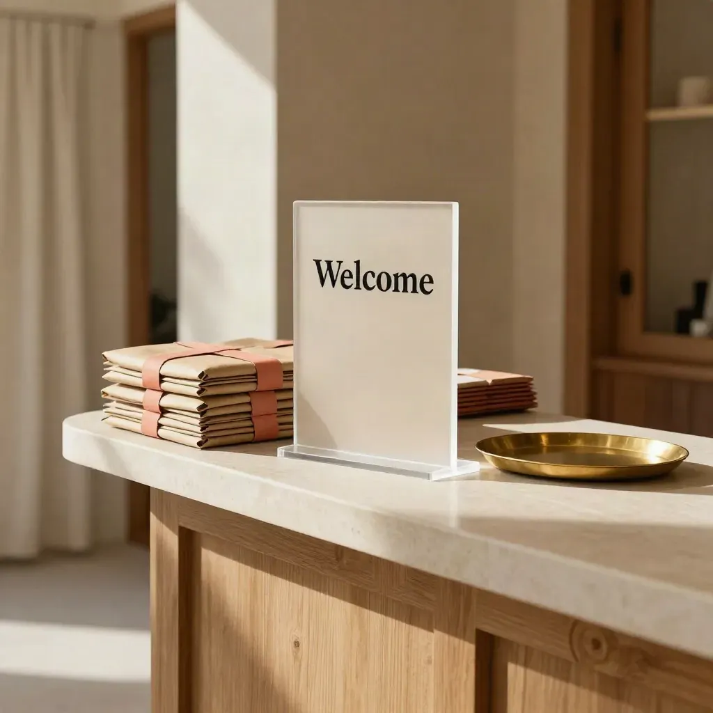 Sunlit welcome counter with acrylic sign-up stand, parcel stack, and bright path into the studio.