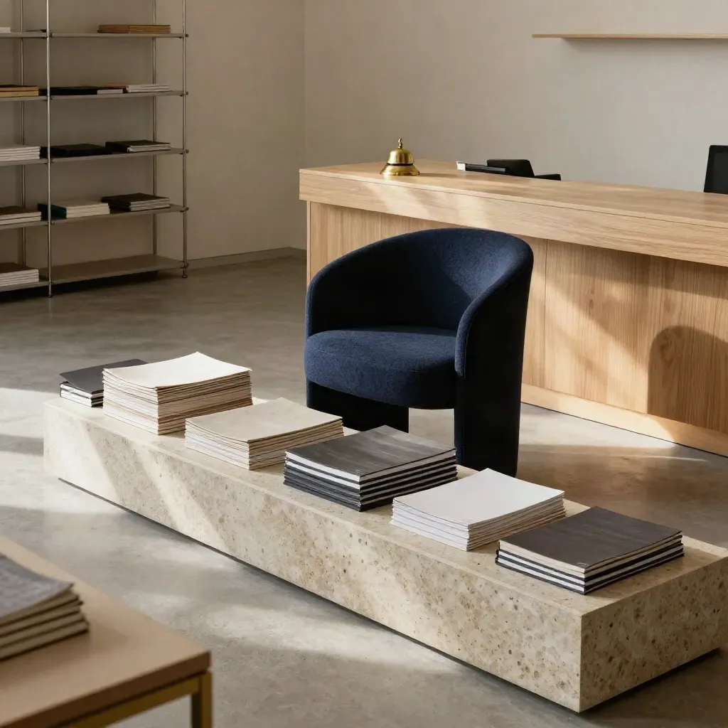 Polished studio reception with navy chair, stacked portfolios, and a glowing brass appointment bell.