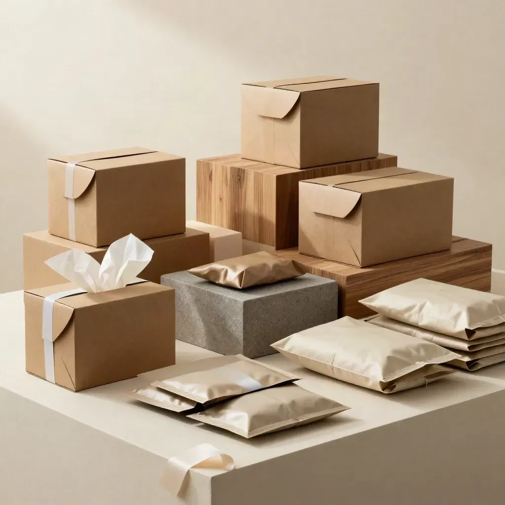 Retail parcels, tissue wraps, and tiered boxes arranged in a calm premium still life.