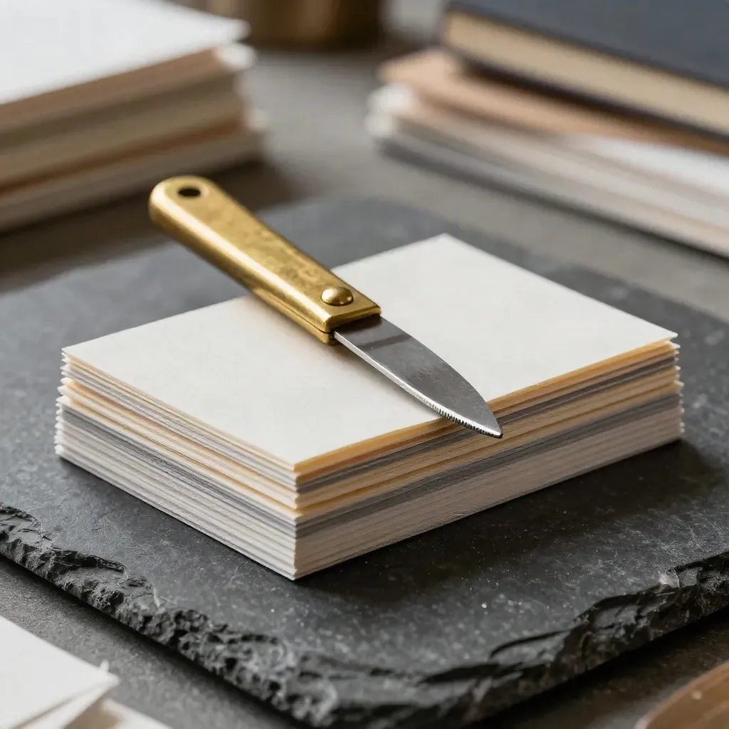 Brass paper knife, sample chips, and premium paper stocks on dark stone with dust sparkle