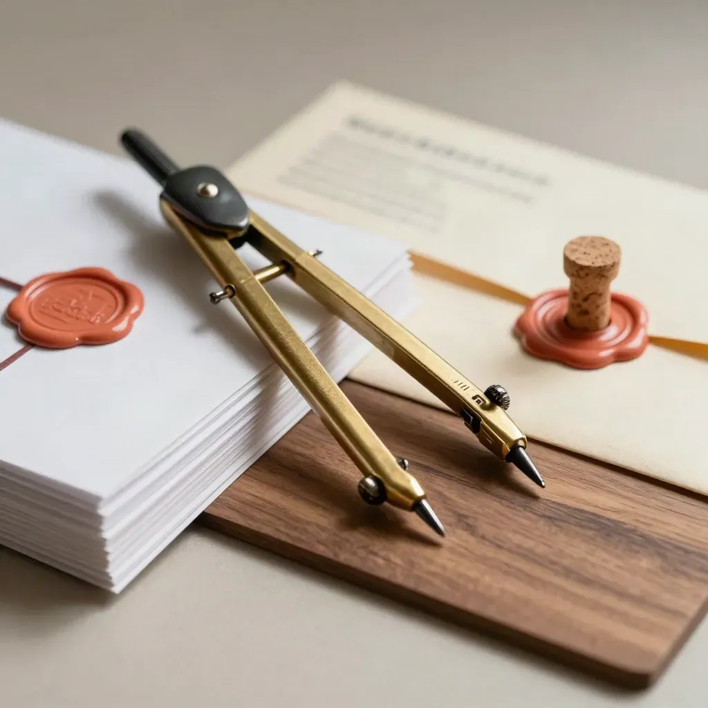Extreme macro of research tools on walnut with coral wax seals and cards.