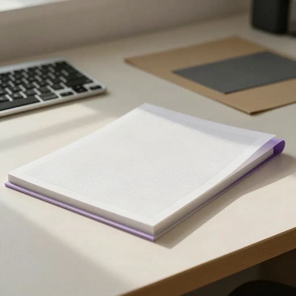Close-up of layout grids, white tiles, keyboard edge, and translucent design sheets on a workbench.