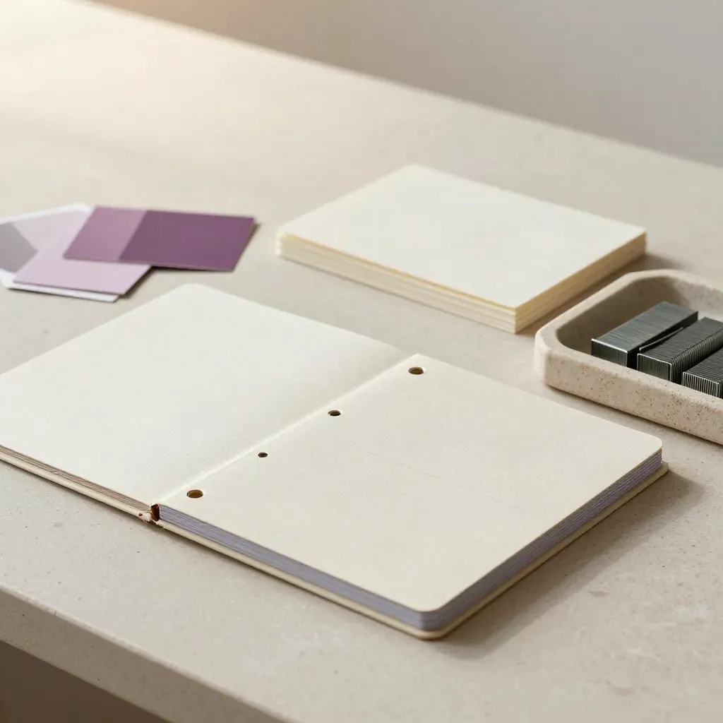 Neat binder dividers, planning cards, lilac swatches, and paper fasteners on plaster.